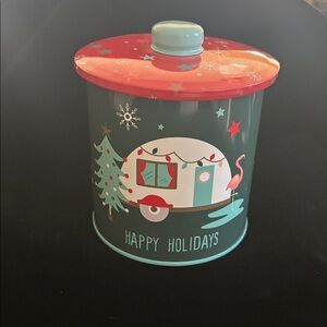 Christmas canister. Metal. Christ scenes all around in beautiful colors.
